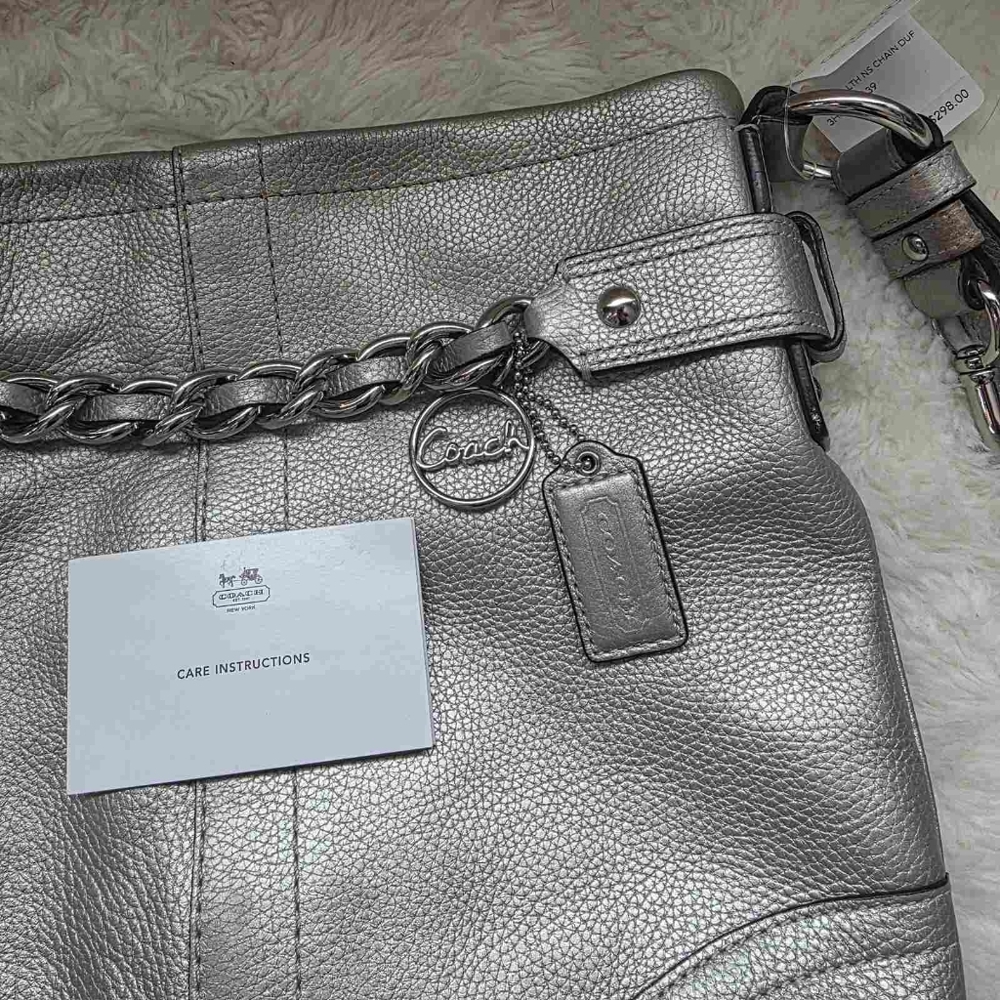 Coach Chain Duffle Crossbody Metallic Silver Pebbled Leather - Picture 2 of 14